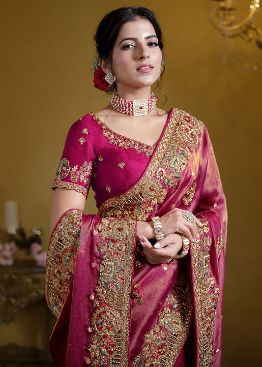 Pink Heavy Embroidered Georgette Wedding Saree