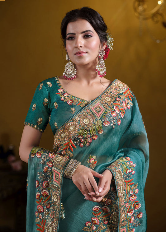 Teal Blue Heavy Embroidered Georgette Saree