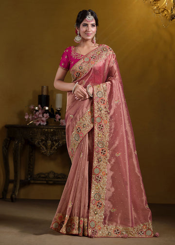 Pink Heavy Embroidered Wedding Saree In Georgette