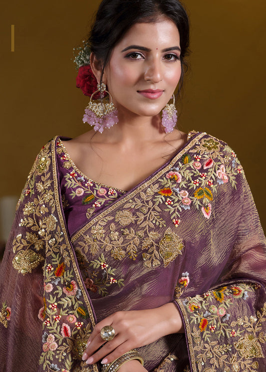 Purple Heavy Embroidered Georgette Saree