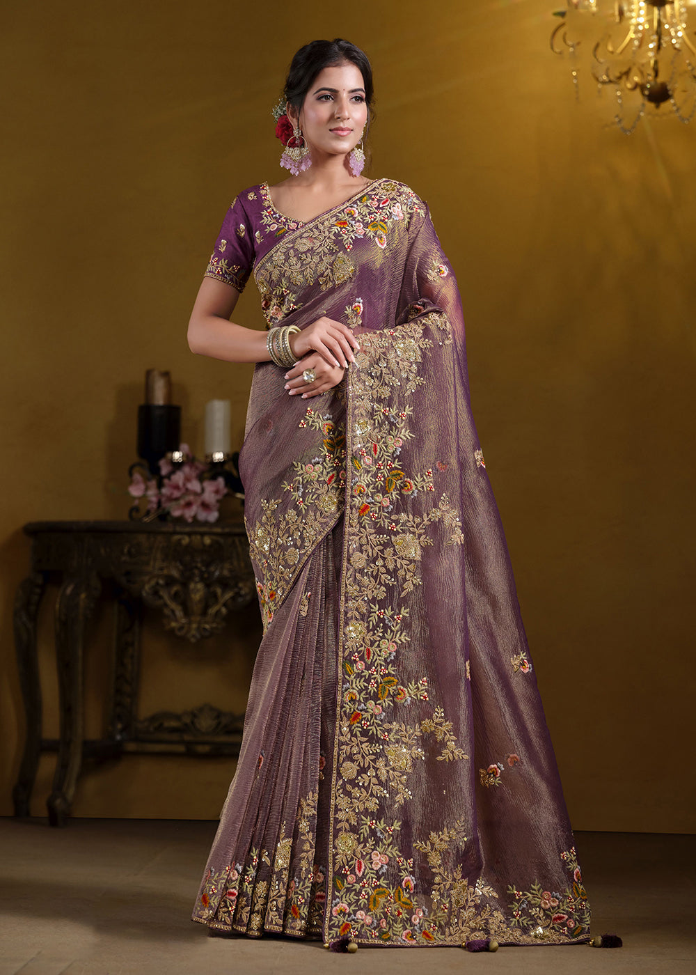 Purple Heavy Embroidered Georgette Saree