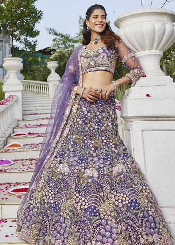 Purple Sequin Embroidered Net Wedding Lehenga