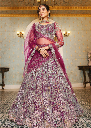 Wine Heavy Embroidered Net Party Wear Lehenga