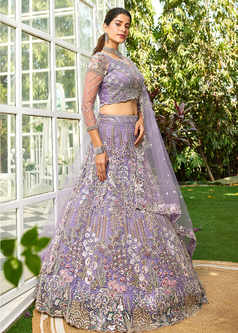 Purple Sequin Embroidered Net Lehenga Choli