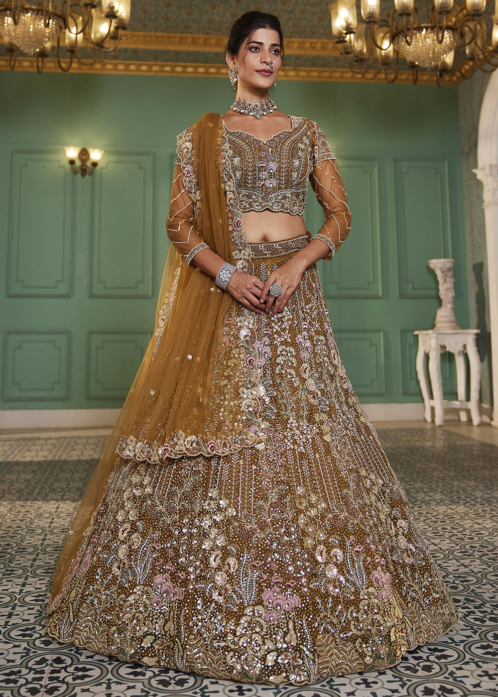 Mehandi Green Sequin Embroidered Net Lehenga