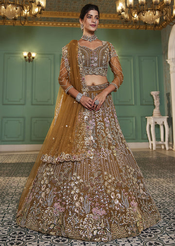 Mehandi Green Sequin Embroidered Net Lehenga