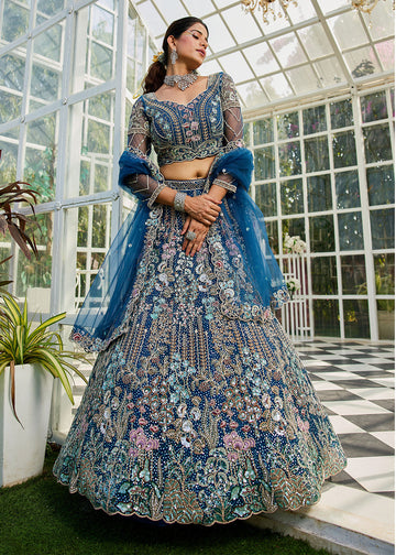 Blue Sequin Embroidered Wedding Lehenga In Net