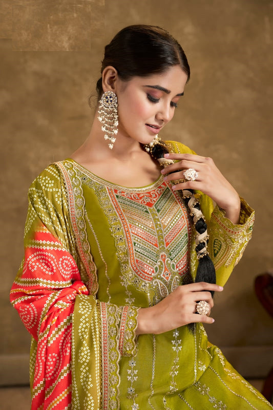 Green Embroidered Chinon Punjabi Suit