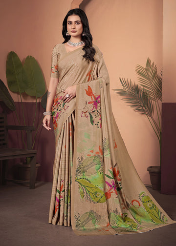 Brown Digitally Printed Floral Saree In Crepe