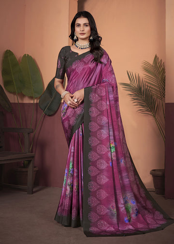 Purple Digitally Printed Floral Saree In Crepe