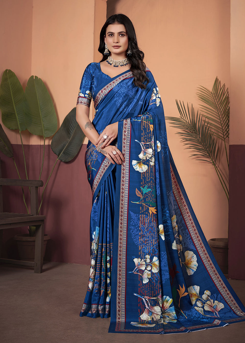 Blue Digitally Printed Floral Saree In Crepe