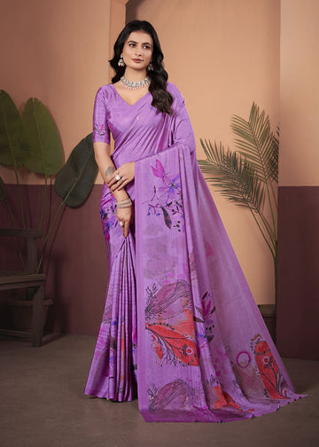 Purple Digitally Printed Floral Saree In Crepe