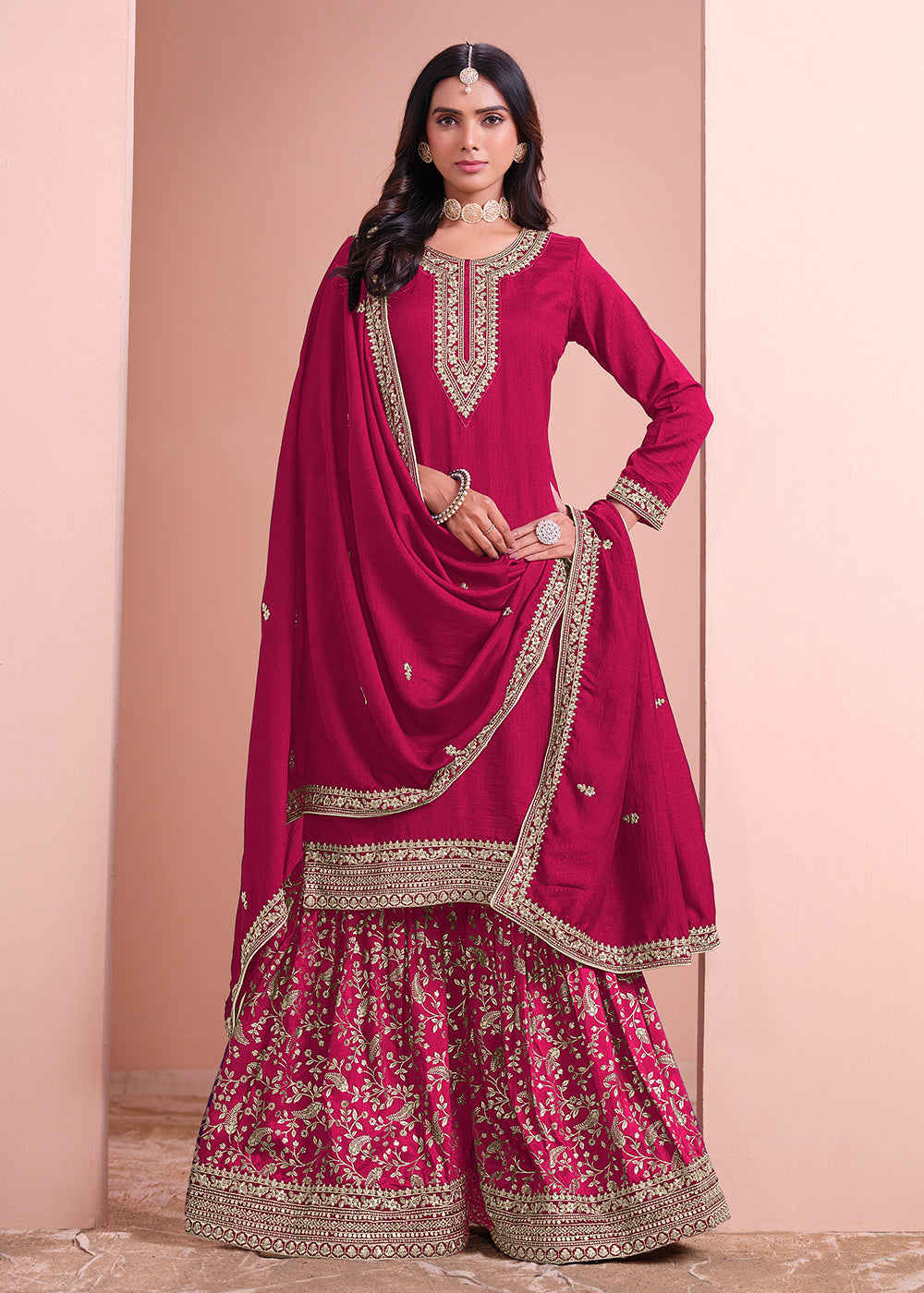 Pink Embroidered Art Silk Sharara Salwar Suit