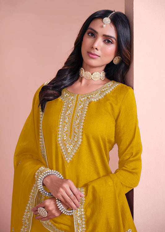 Yellow Embroidered Art Silk Sharara Suit