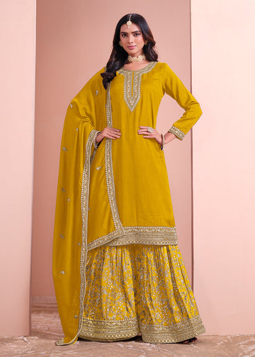 Yellow Embroidered Art Silk Sharara Suit