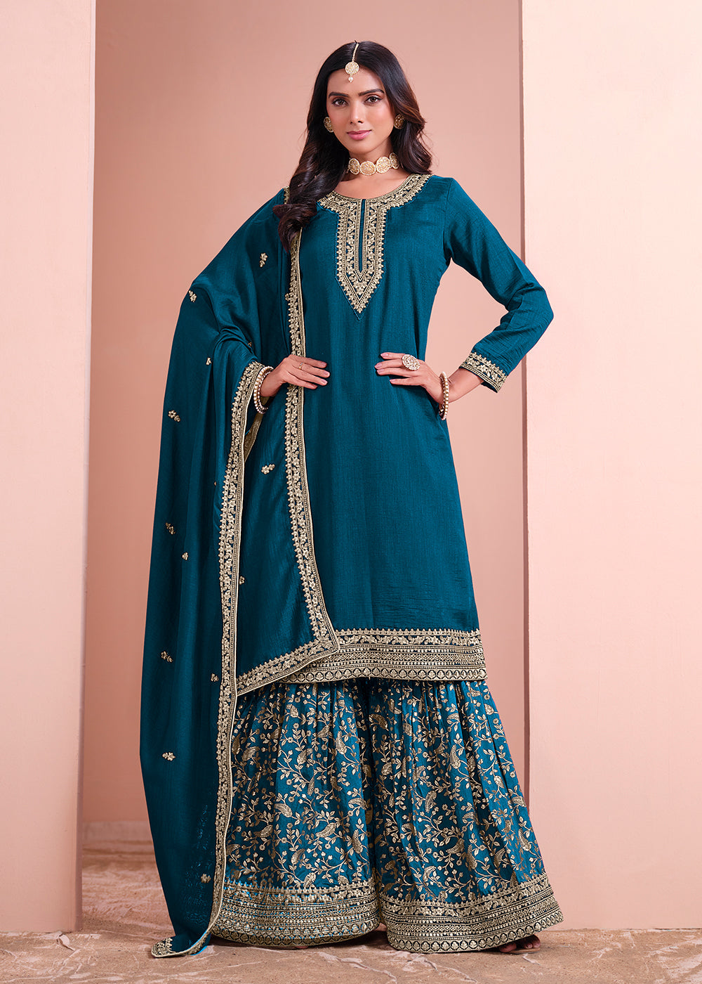 Teal Blue Embroidered Art Silk Sharara Suit