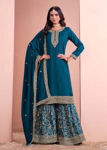 Teal Blue Embroidered Art Silk Sharara Suit