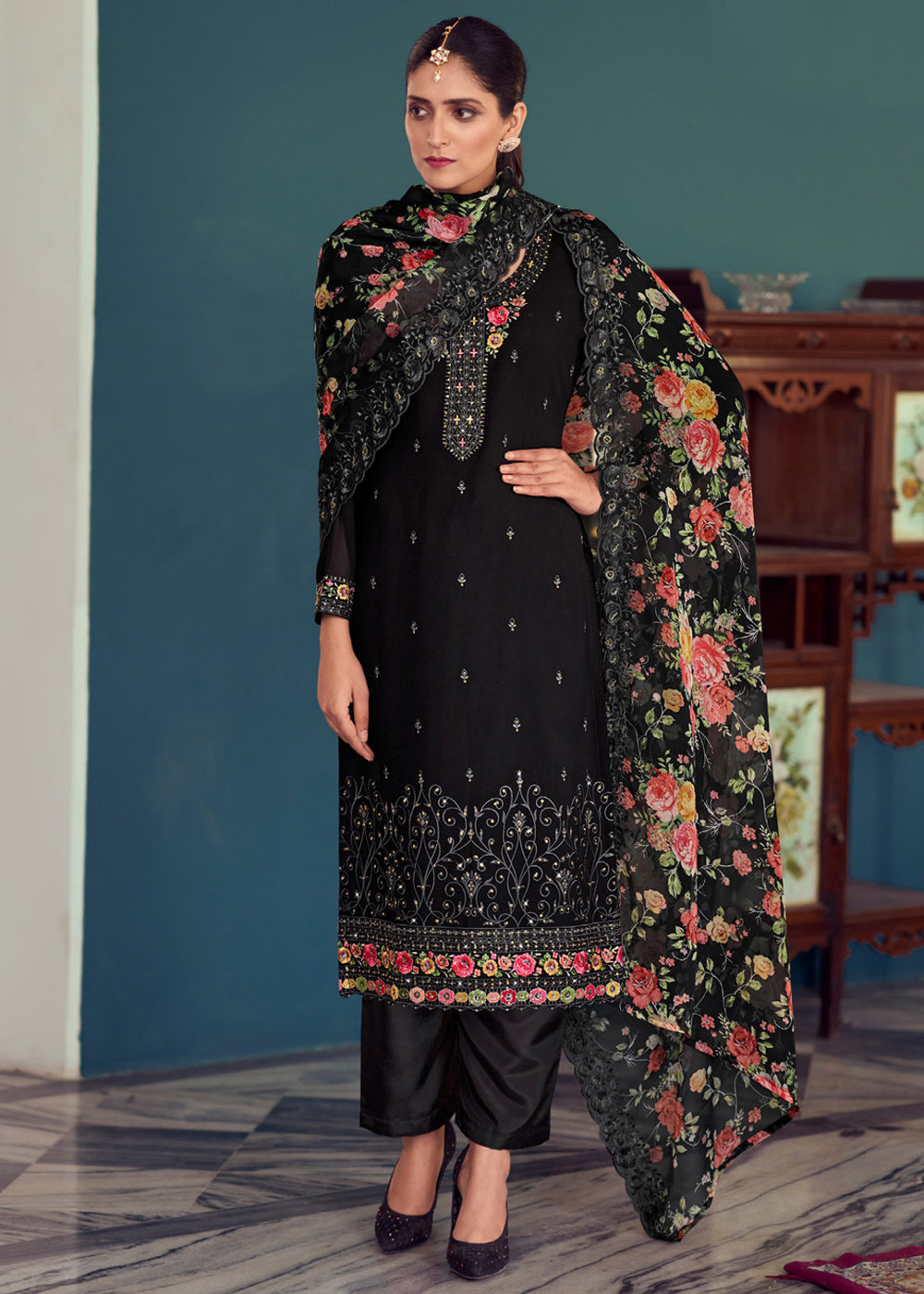 Black Embroidered Georgette Palazzo Suit