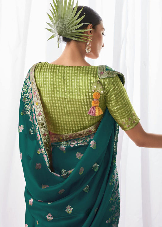 Teal Green Thread Embroidered Silk Saree