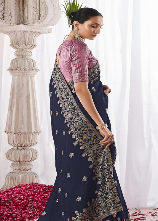 Navy Blue Thread Embroidered Fancy Silk Saree