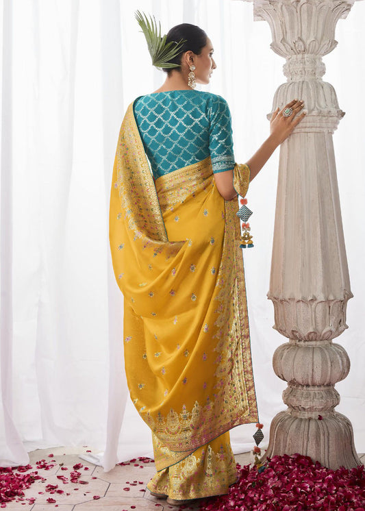 Yellow Thread Embroidered Silk Saree