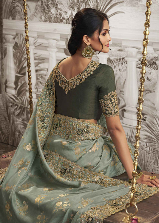 Green Heavy Embroidered Designer Silk Saree