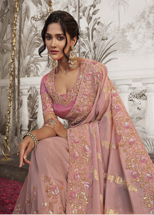 Pink Heavy Embroidered Bridal Silk Saree