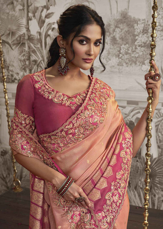 Pink Heavy Embroidered Silk Saree