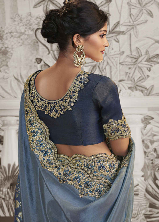 Blue Heavy Embroidered Silk Saree
