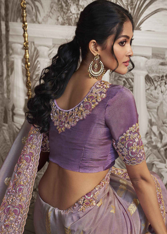 Purple Heavy Embroidered Silk Saree