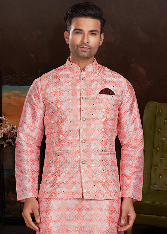 Pink Silk Printed Kurta Pajama With Jacket