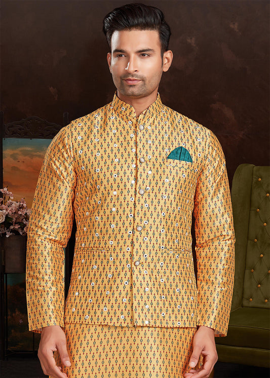 Yellow Silk Printed Kurta Pajama With Jacket