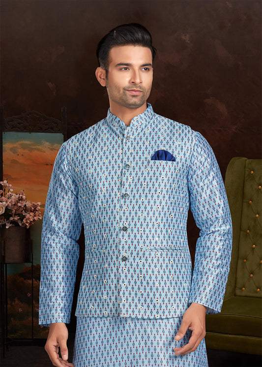 Blue Silk Printed Kurta Pajama With Jacket