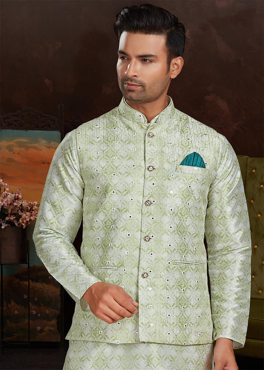 Green Silk Printed Kurta Pajama With Jacket
