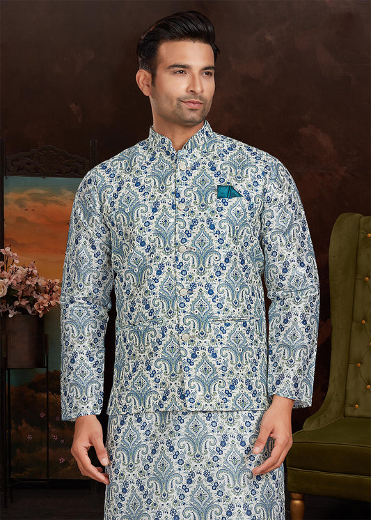 Blue Silk Printed Kurta Pajama With Jacket