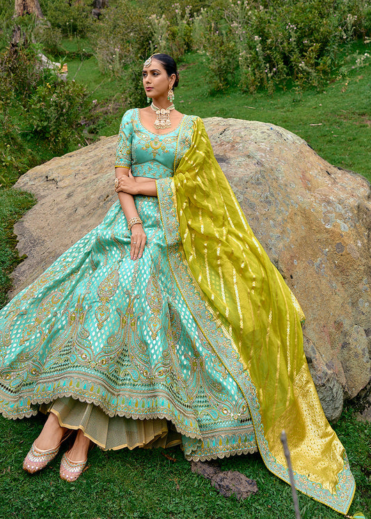 Turquoise Embroidered Silk Lehenga Choli