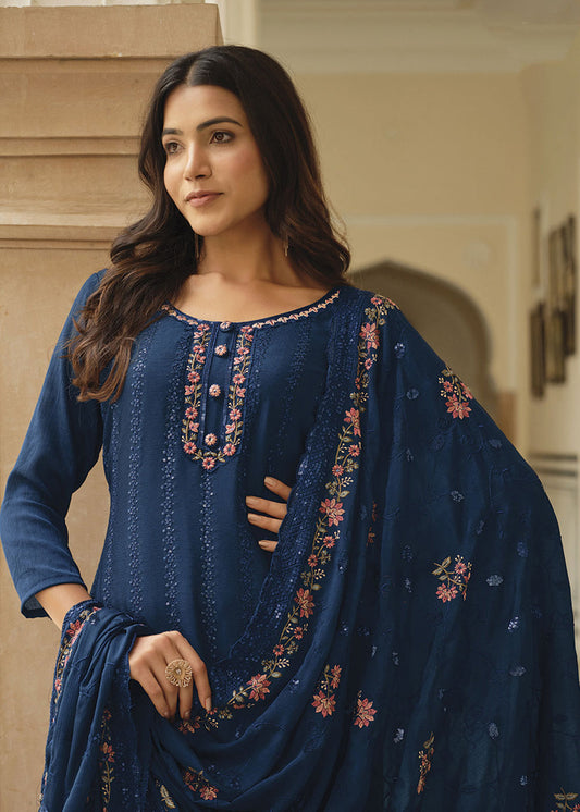 Royal Blue Thread Embroidered Salwar Suit