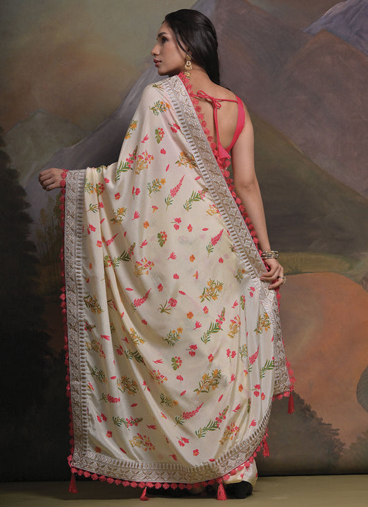 White Embroidered Floral Saree In Chiffon