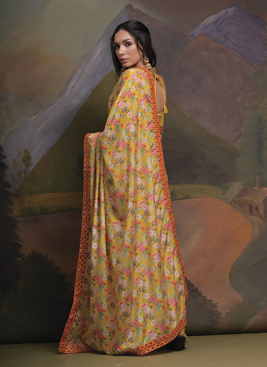 Yellow Chiffon Floral Saree With Sequin Work