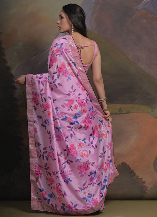 Pink Chiffon Floral Saree With Blouse