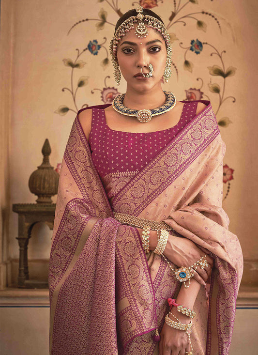 Peach Zari Embroidered Silk Saree With Blosue